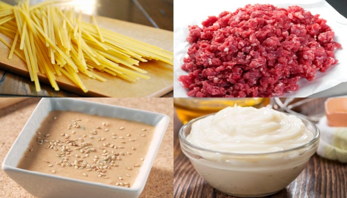 nguyên liệu làm mỳ ý sốt bò băm, nguyên cám, carbonara, xúc xích, đơn giản, phô mai, nhanh chóng.