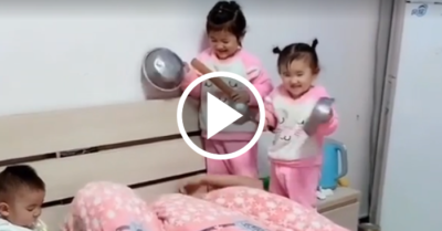 Video: Bố ngủ nướng thất bại khi ba đứa con khua “chiêng trống”