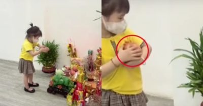 Video: Bé gái chắp tay vái ông Địa lia lịa để xin quả táo