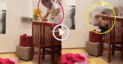 Video: Bé gái nghịch ngợm từ trên bàn ăn nhảy lộn santo xuống nệm