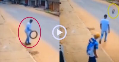 Video: Chiếc lốp xe quay lại vị trí đầu khi bị ném đi
