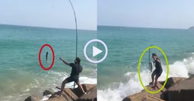 Video: Cần thủ ngơ ngác vì bị sóng đánh rơi mất cá