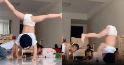Video: Em bé mặc bỉm ‘trồng cây chuối’ siêu ngầu