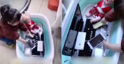 Video: Bố khóc thét khi con mang laptop, điện thoại ra ‘tắm rửa’