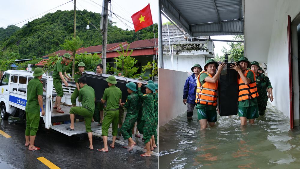 Cát Bà ngập cục bộ sau mưa lớn, lực lượng chức năng hỗ trợ người dân di chuyển tài sản, hạn chế thiệt hại do ngập lụt.