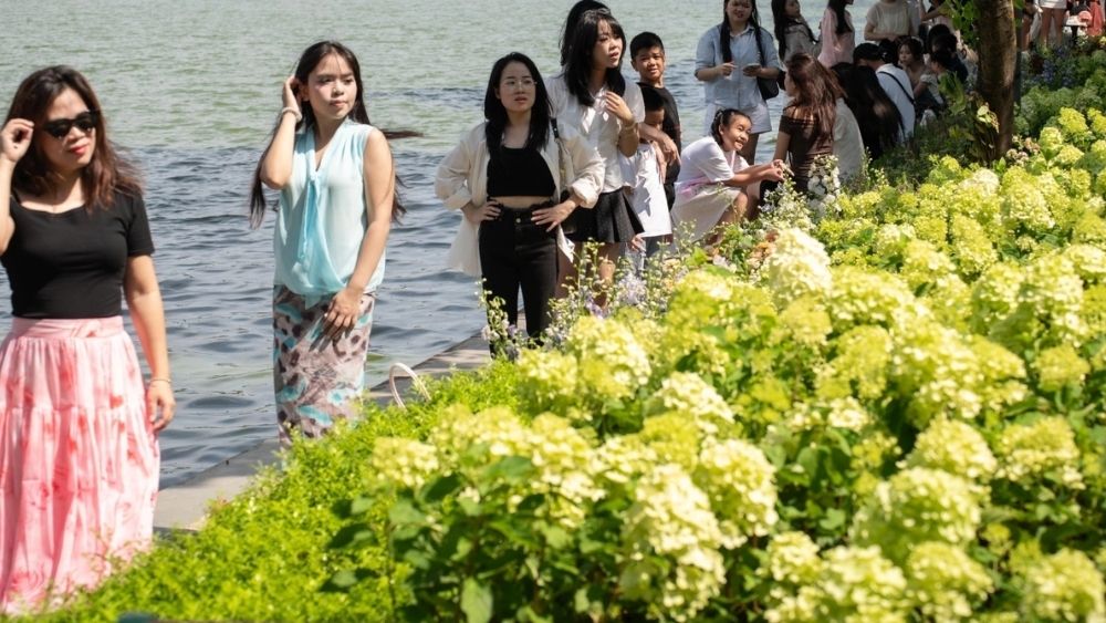 Hàng dài người dân, du khách xếp hàng chụp ảnh cùng hoa cẩm tú cầu bên hồ Gươm giữa trời nắng nóng.