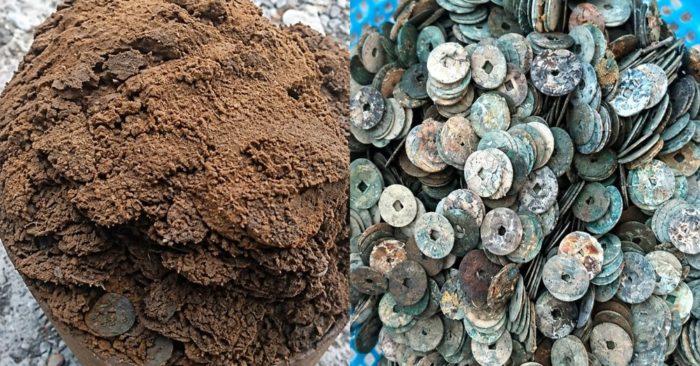 Đào móng xây nhà, một gia đình ở Cửa Lò phát hiện chum sành chứa gần 10kg tiền xu, nhiều đồng đã rỉ sét và chưa rõ niên đại.
