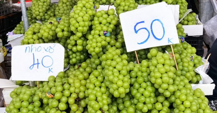 Nho mẫu đơn giá rẻ chỉ 30.000-40.000 đồng/kg, được bày bán tại nhiều chợ dân sinh ở TPHCM, gây chú ý với mức giá giảm mạnh.